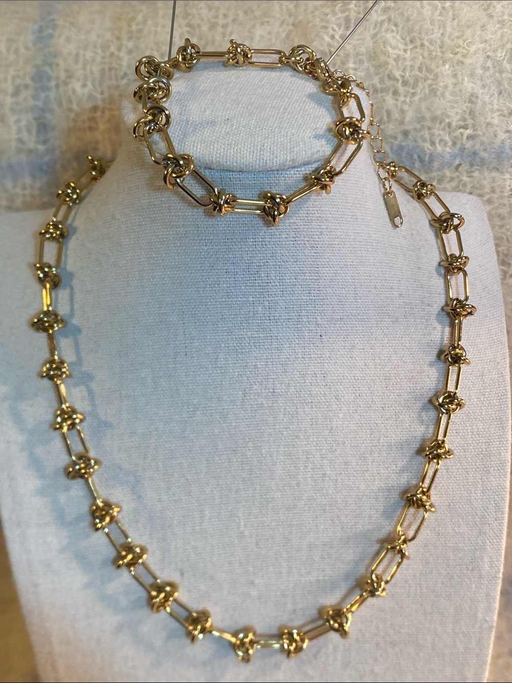 Stainless Steel Gold Tone Knot Link Necklace & Bracelet Set Adjustable